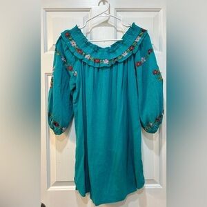 Umgee Floral Embroidered Short Dress Boat Neck Turquoise Balloon Sleeve Sz S